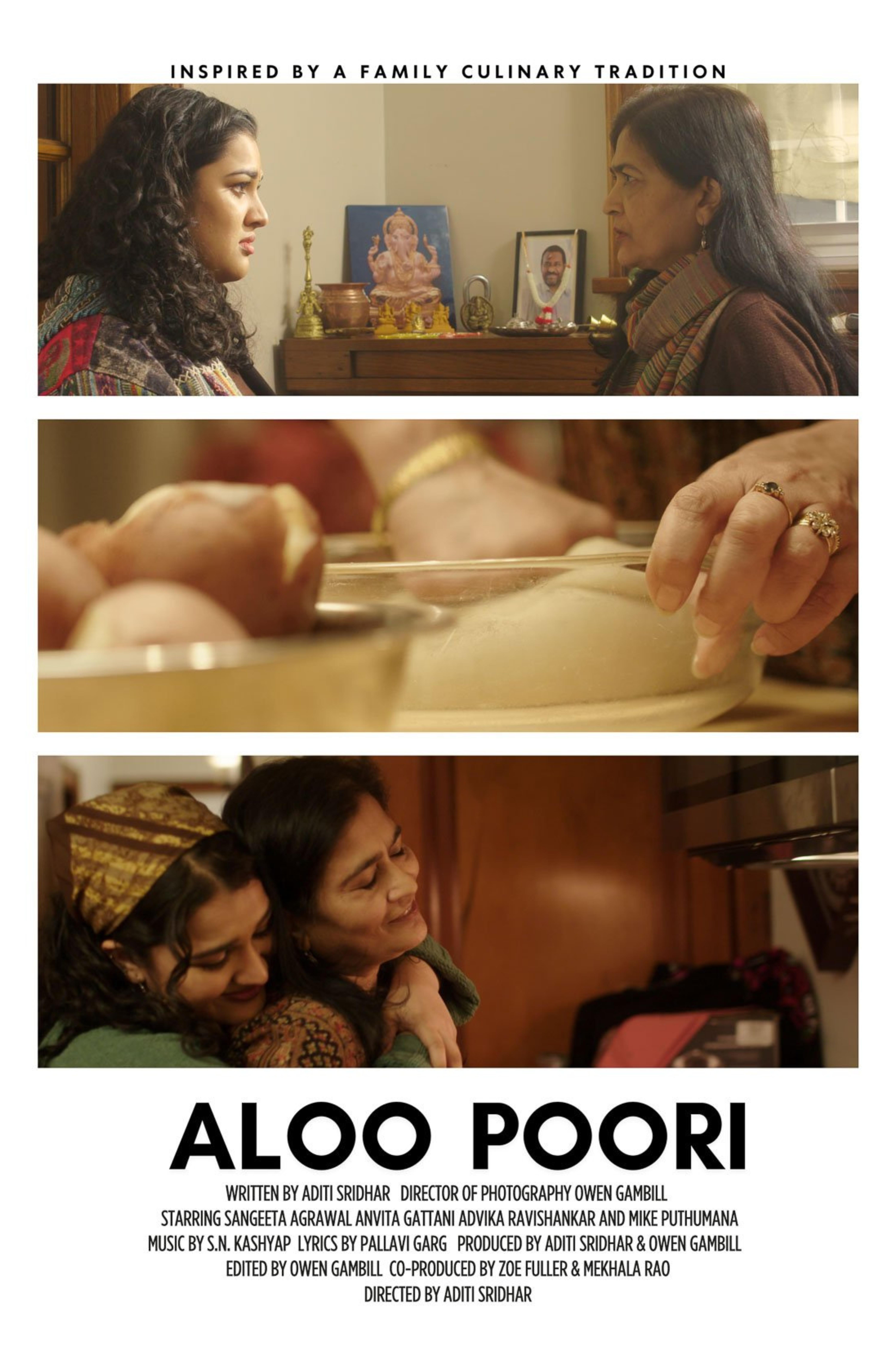 Aloo Poori poster, showing a mother and daughter, cooking, and a warm embrace